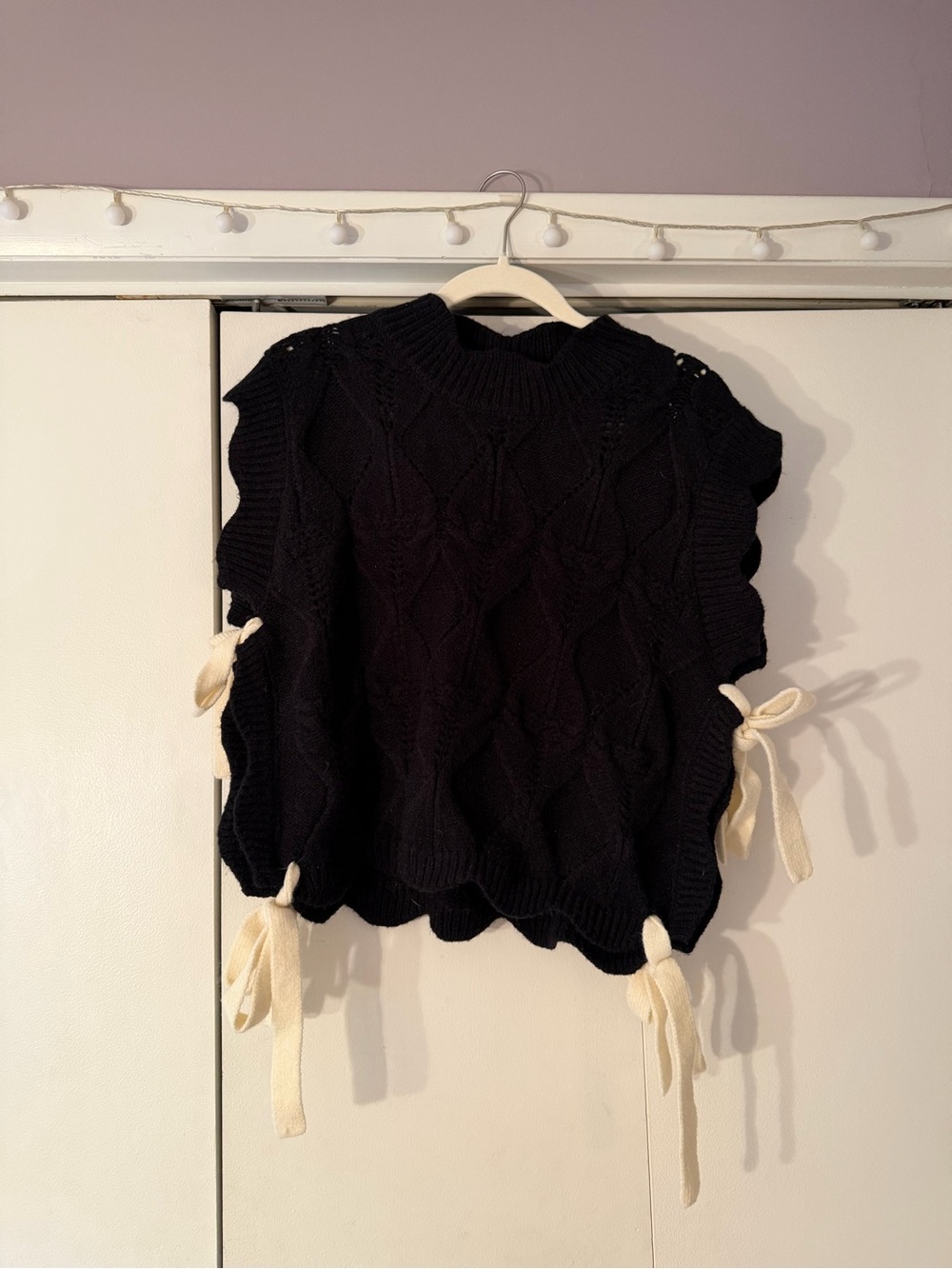 MABLE Black Cable-Knit Crewneck Sweater with Cream Tie Accents